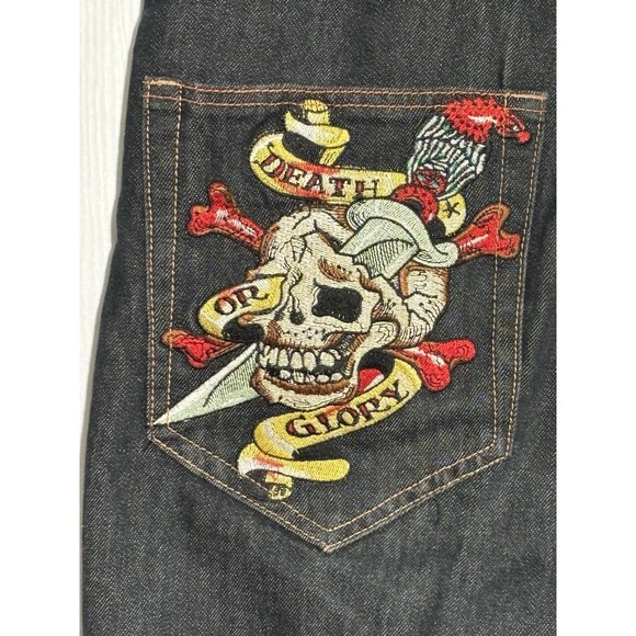 Ed Hardy Jeans Men 38 Death Or Glory Skull Embroidery Y2K Vintage Baggy Straight - Picture 8 of 15